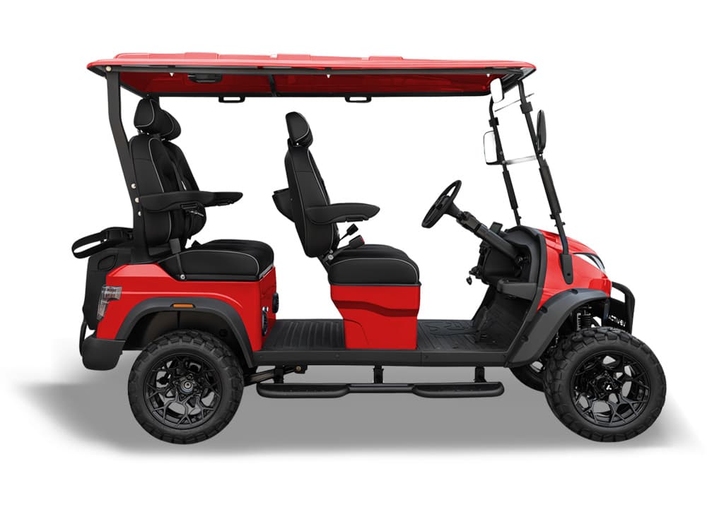 Representative photo of a red 4-passenger forward-facing lifted OTP cart