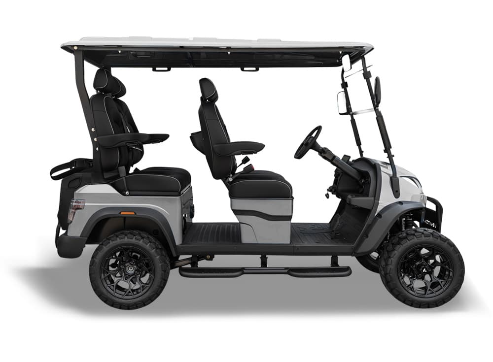 Silver 4-passenger forward-facing lifted electric golf cart for sale at OTP Carts in Westlake Village