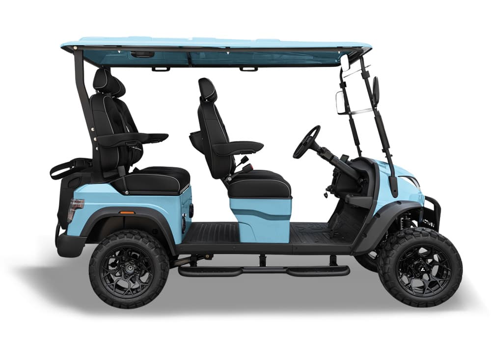 Representative photo of a medium-blue 4-passenger forward-facing lifted OTP cart