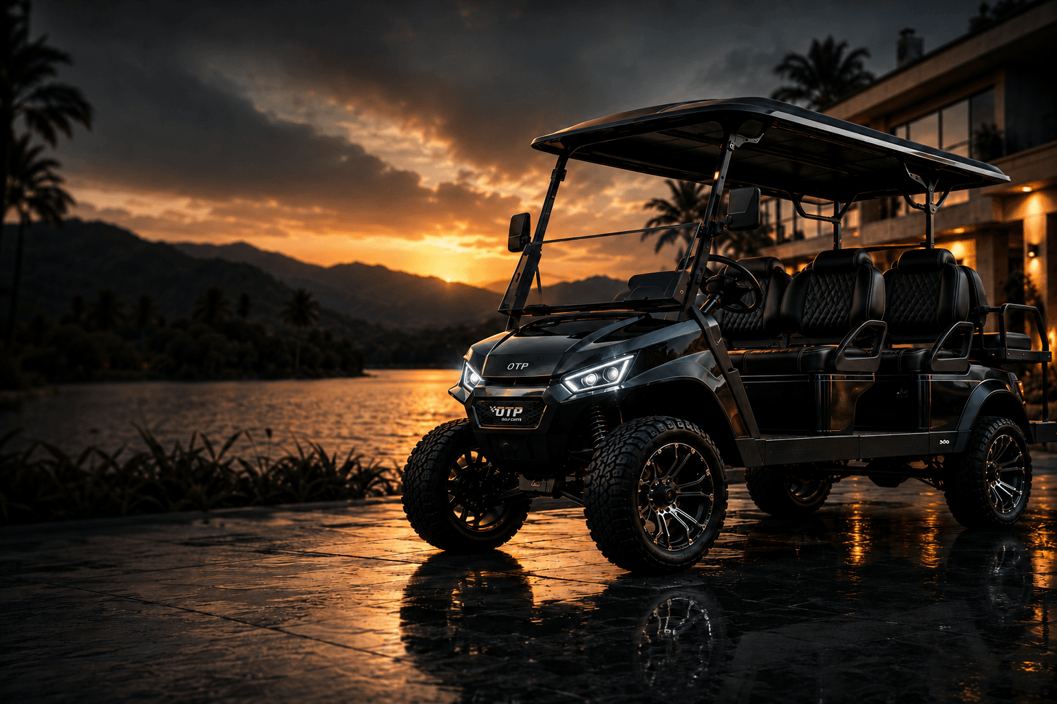 OTP Carts electric golf cart at sunset